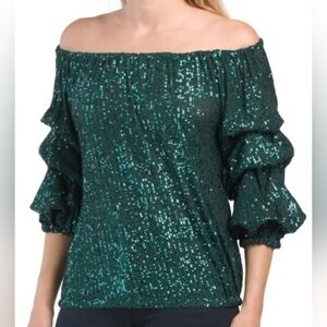 CeCe Teal Sequin Off-Shoulder Blouse C176